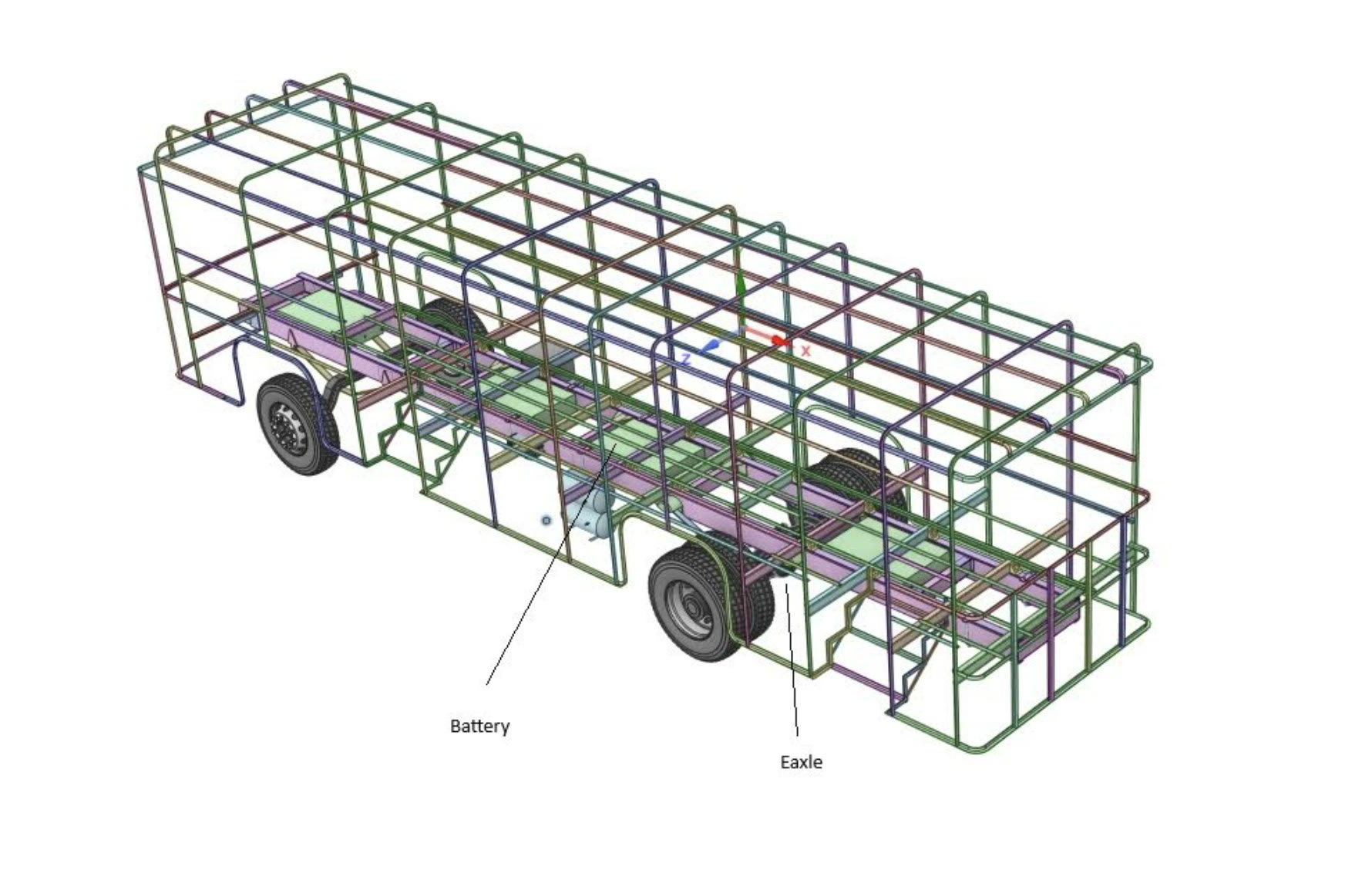 Bus frame with battery and e-axle positions marked