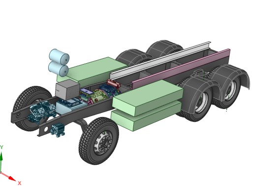 Tipper chassis with battery packs and electric drivetrain