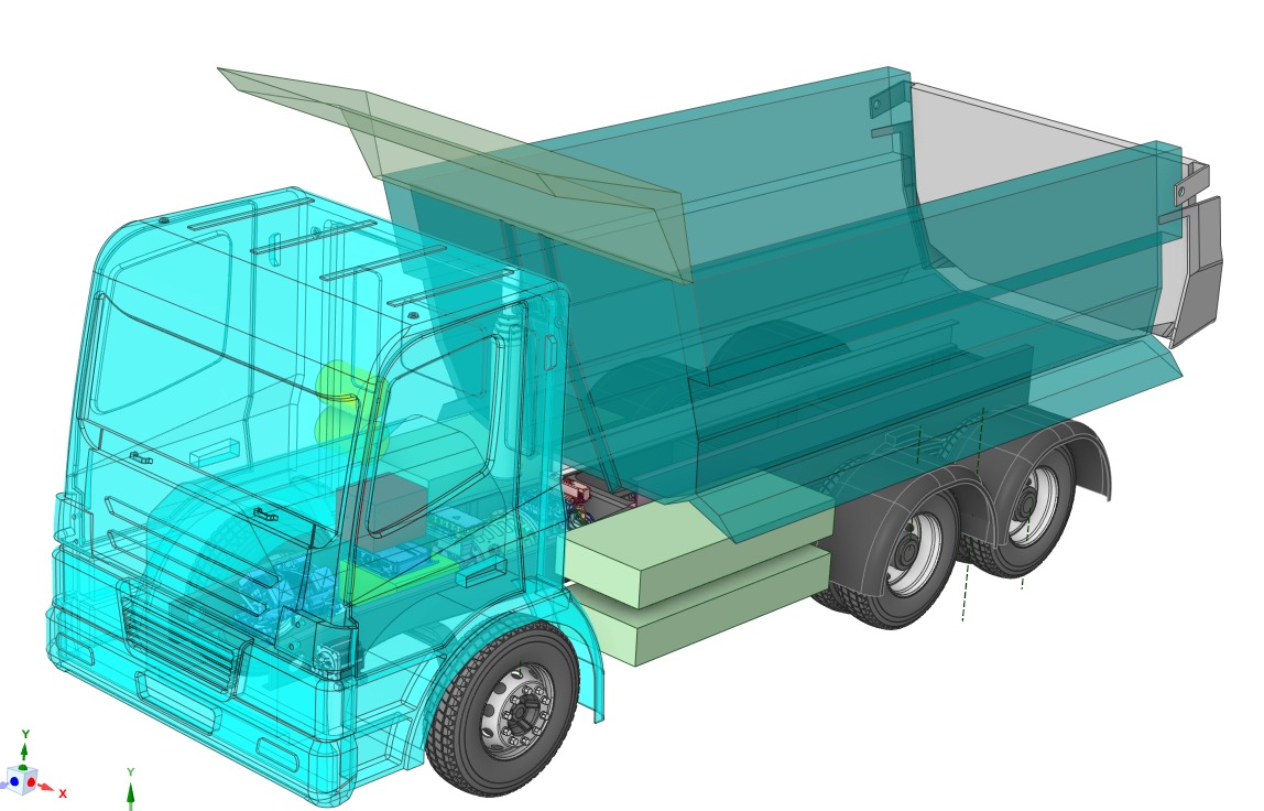 Cutaway render of a retrofitted tipper showing the new battery packs and electric drivetrain under the original cab and body