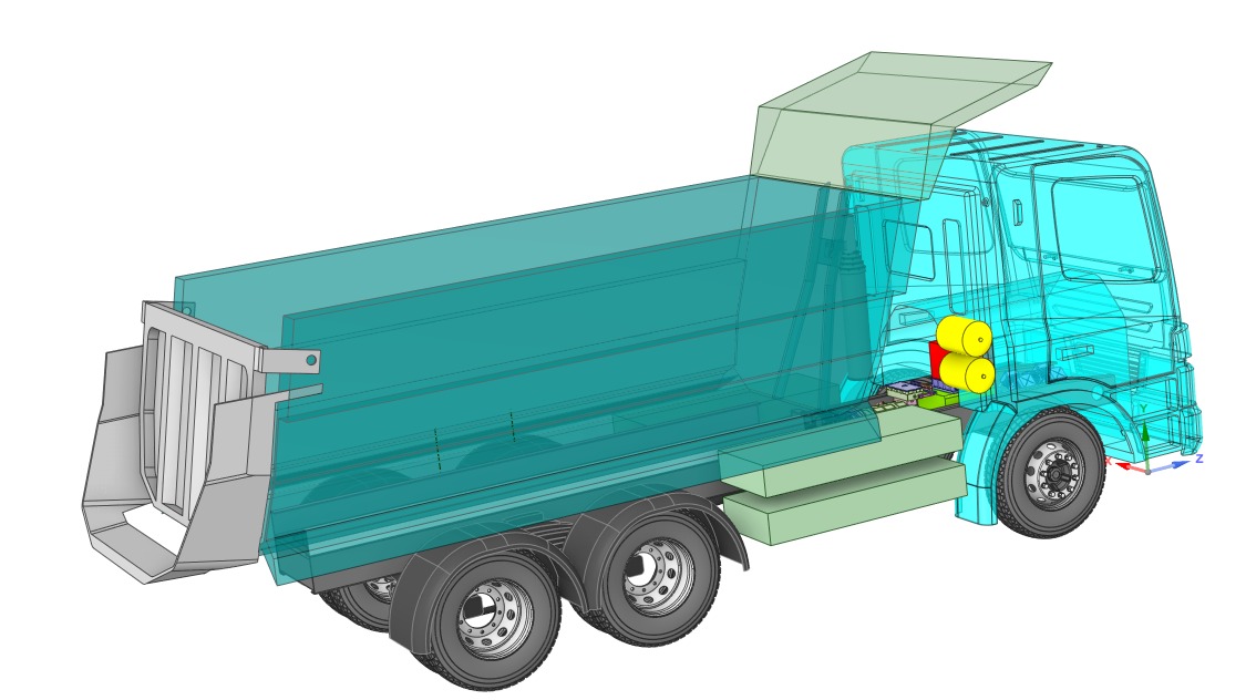 Retrofitted tipper, cutaway rear view