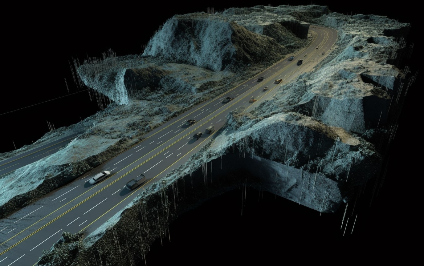 LIDAR point cloud of a highway cutting